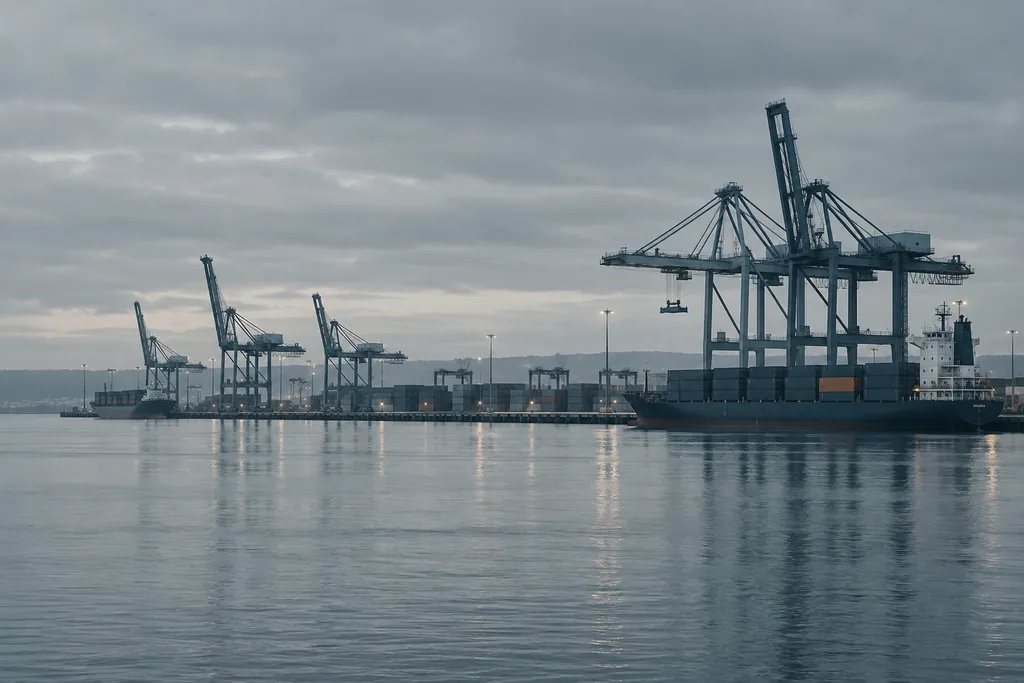 Porto de contentores ao amanhecer, com gruas e contentores em tons frios.